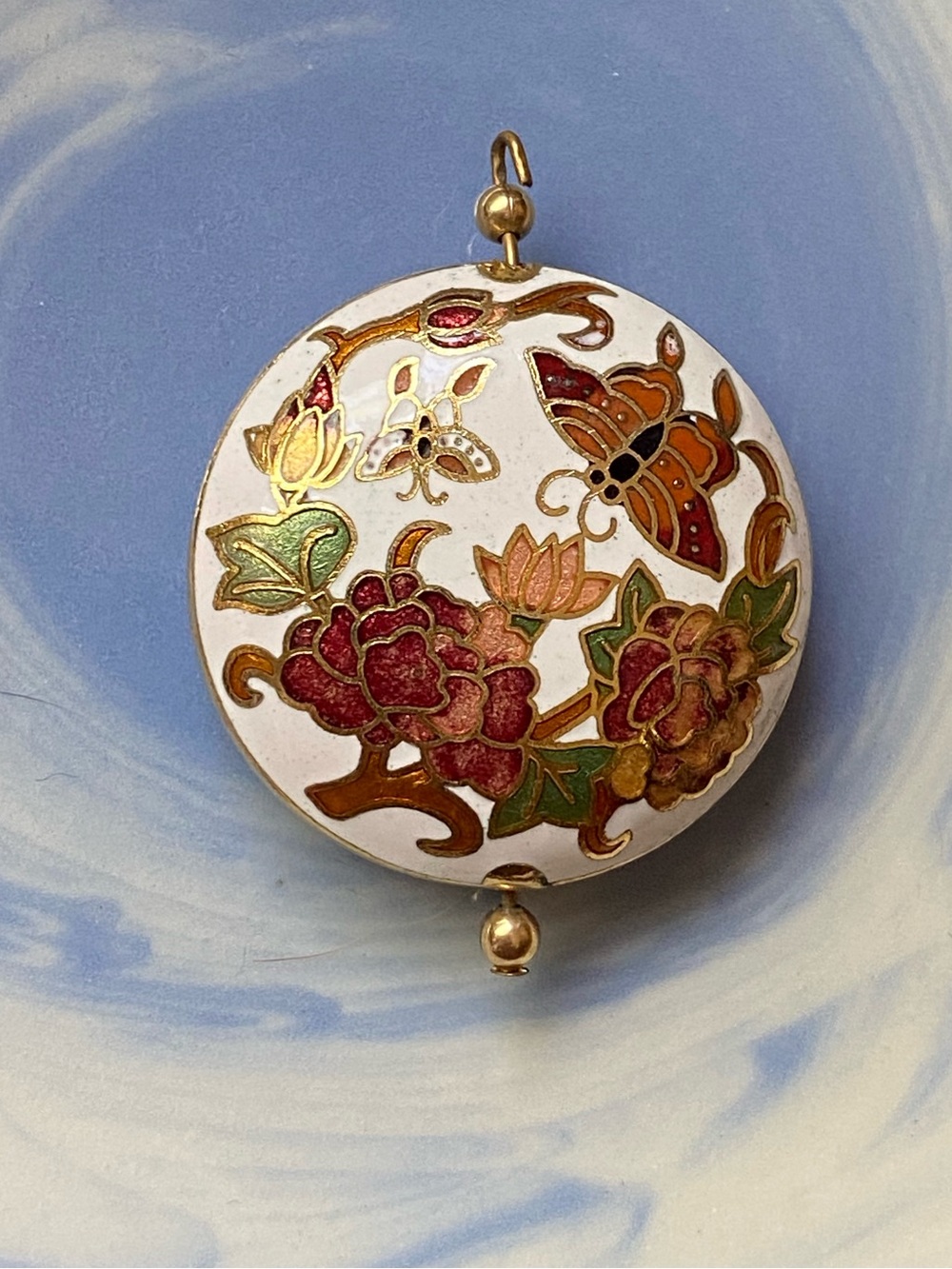 Vintage Floral Cloisonne Enamel Round Pendant - White, Red, Green, Gold